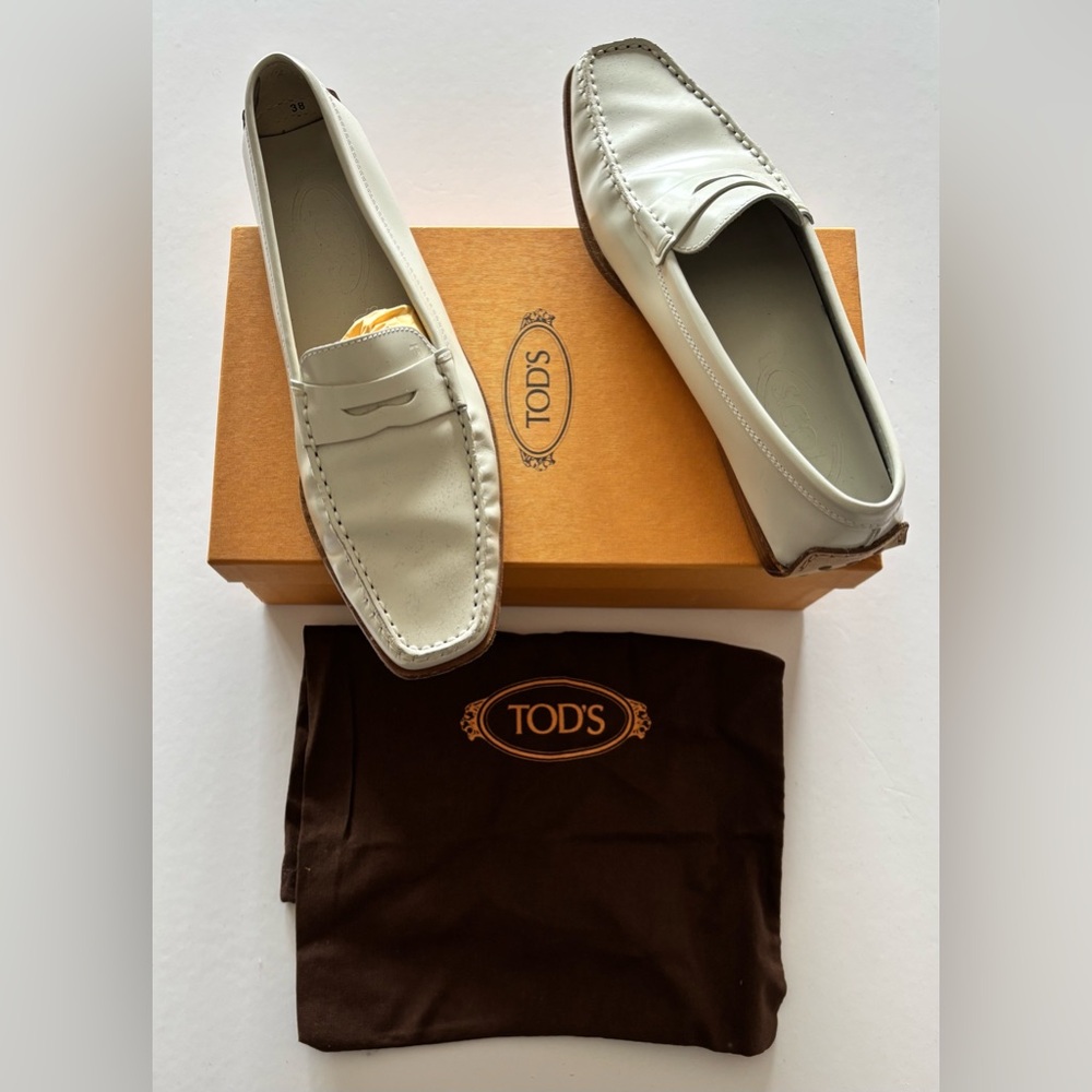 Tod's Women’s White Patent Leather Loafers, Size 38